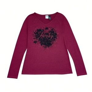 Harley-Davidson Long Sleeve Top Women’s 1W Red Burgundy Rhinestone Graphic